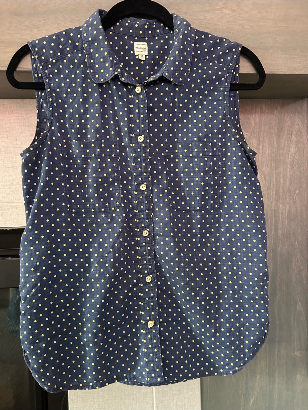 Madewell Navy Polka Dot Sleeveless Button-Down Shirt